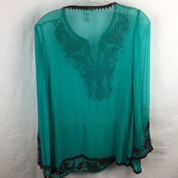 Cache 100% Silk Blue & Brown Sheer Embellished Embroidered Peasant Top S - Picture 4 of 8